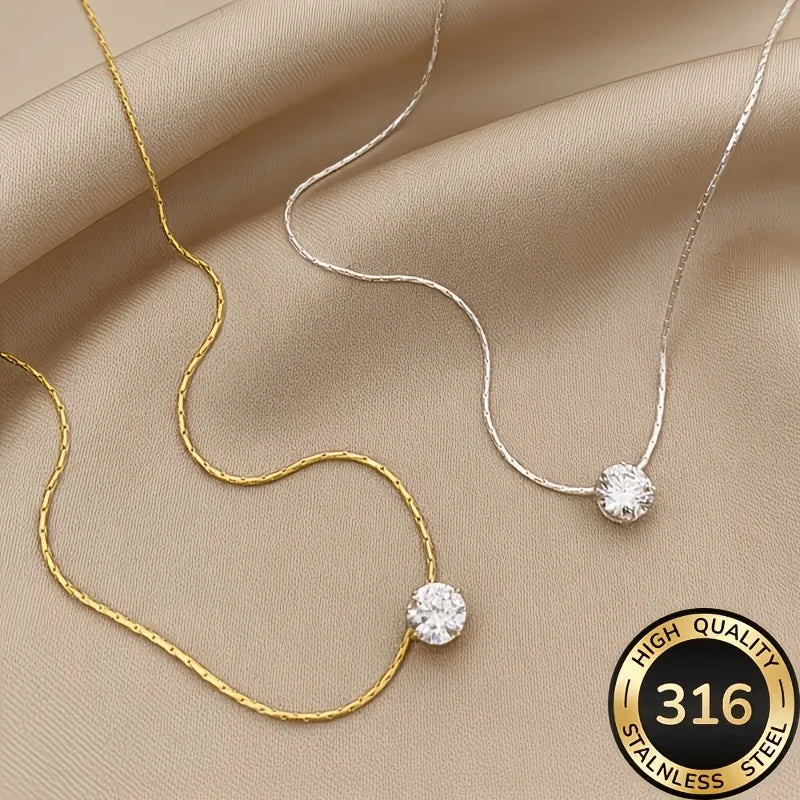 Waterproof Hypoallergenic 316L Stainless Steel Solitaire Necklace Cubic Zirconia Chain Necklaces For Women Fashion Jewelry 