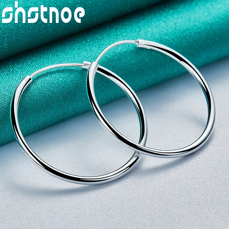 SHSTONE 18K Gold 35mm Smooth Earrings For Women Party Wedding Banquet Fashion Charm Jewelry 925 Sterling Silver Hoop Earring