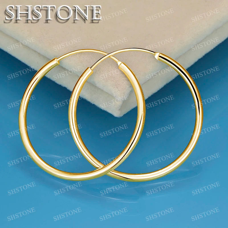 SHSTONE 18K Gold 35mm Smooth Earrings For Women Party Wedding Banquet Fashion Charm Jewelry 925 Sterling Silver Hoop Earring