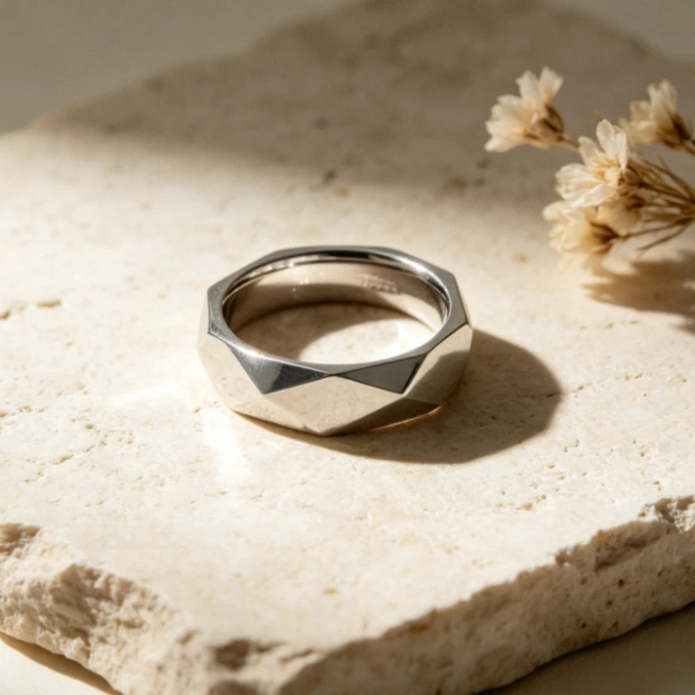 Women Stainless Steel Rhombus Ring V Grid Geometric Band Silver Rose Gold Gold Fashion Jewelry Gift