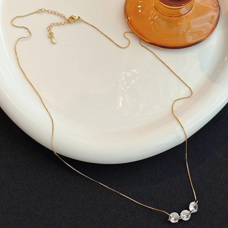 ANENJERY Three Zircon Thin Necklace for Women Simple Clavicle chain Delicate Elegant Jewelry Gifts Wedding Wholesale