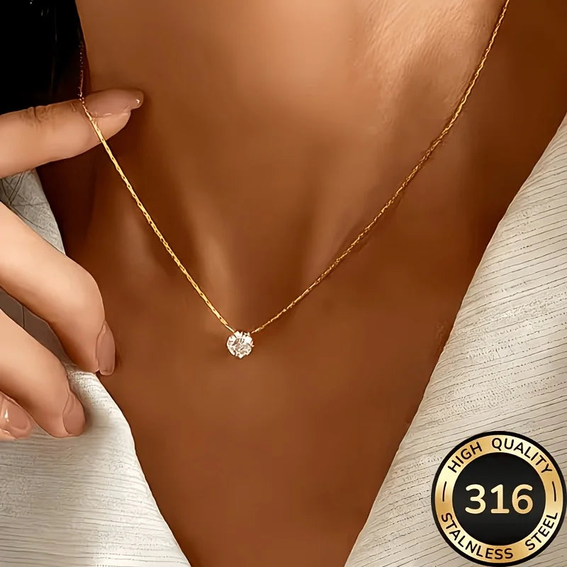 Waterproof Hypoallergenic 316L Stainless Steel Solitaire Necklace Cubic Zirconia Chain Necklaces For Women Fashion Jewelry 