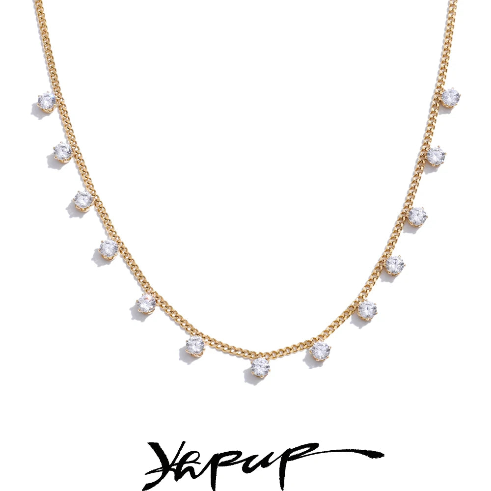 Yhpup Shiny Cubic Zirconia Chic Chain Necklace for Women Stainless Steel Delicate Premium Exquisite Collar Jewelry for Women