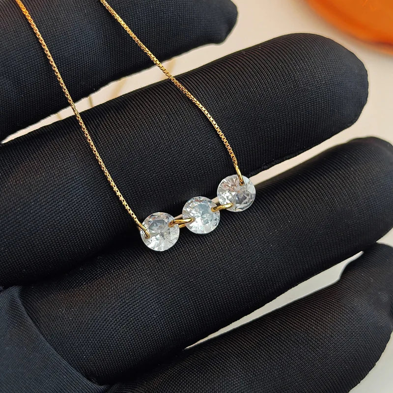ANENJERY Three Zircon Thin Necklace for Women Simple Clavicle chain Delicate Elegant Jewelry Gifts Wedding Wholesale