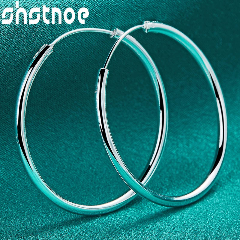 SHSTONE 18K Gold 35mm Smooth Earrings For Women Party Wedding Banquet Fashion Charm Jewelry 925 Sterling Silver Hoop Earring