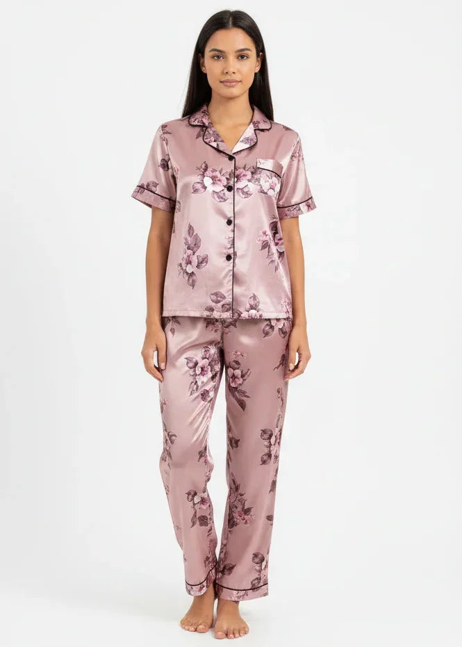 Blush Pink Floral Satin Pyjama Set