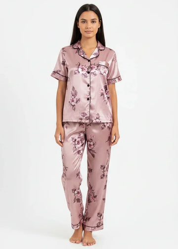 Blush Pink Floral Satin Pyjama Set