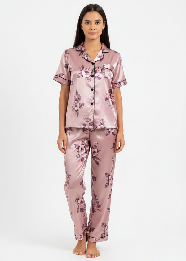 Blush Pink Floral Satin Pyjama Set