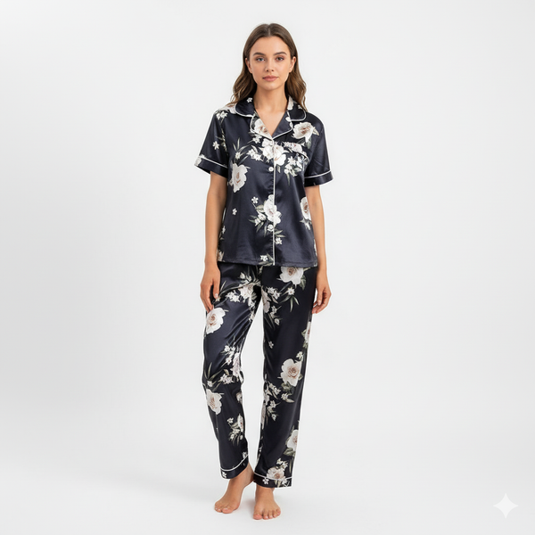 Black Floral Satin Pyjama Set FAZER AINDA