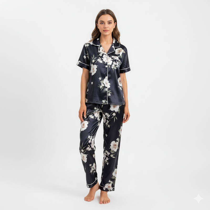 Black Floral Satin Pyjama Set FAZER AINDA