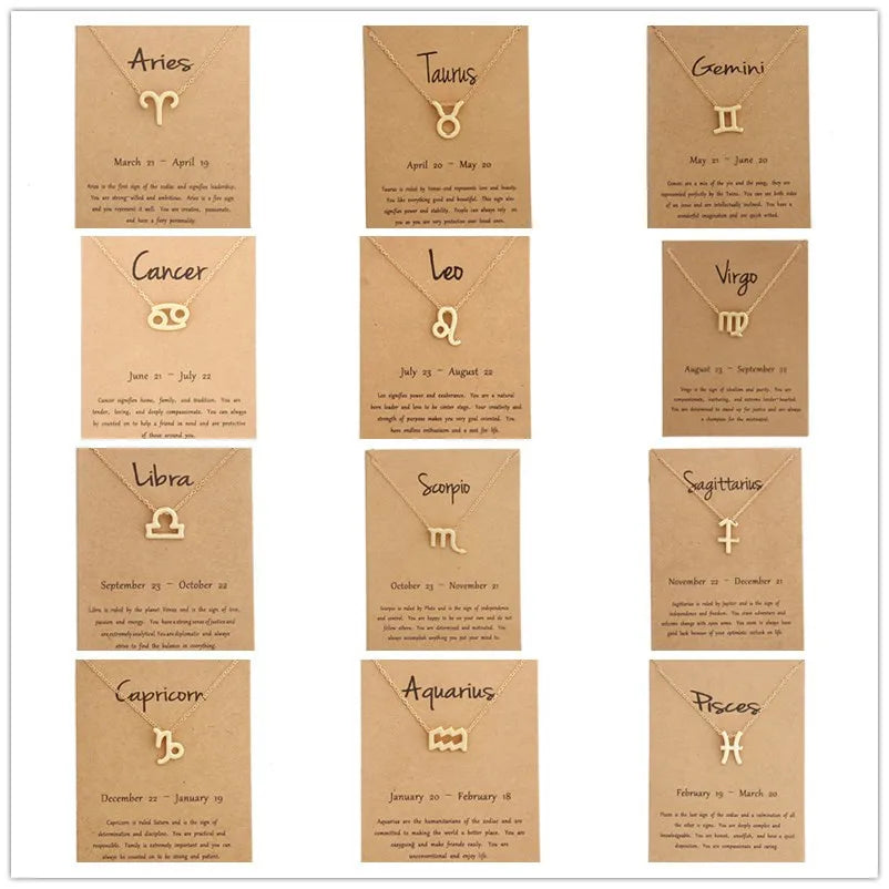 12 Zodiac Sign Necklaces With Cardboard Constellations Pendant Gold Color Chains Choker For Women Birthday Fashion Jewelry