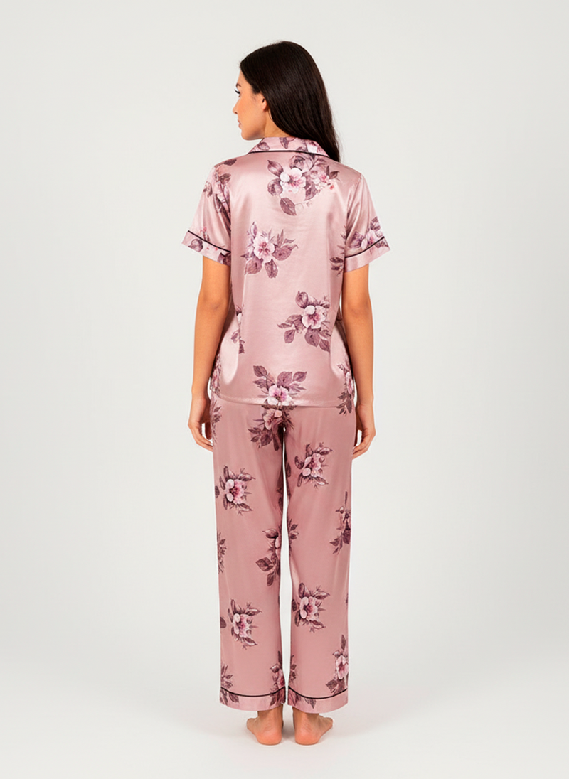 Blush Pink Floral Satin Pyjama Set