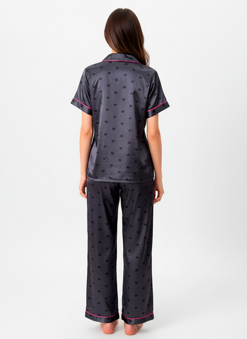 Black Satin Heart Pyjama Set with Pink Trim