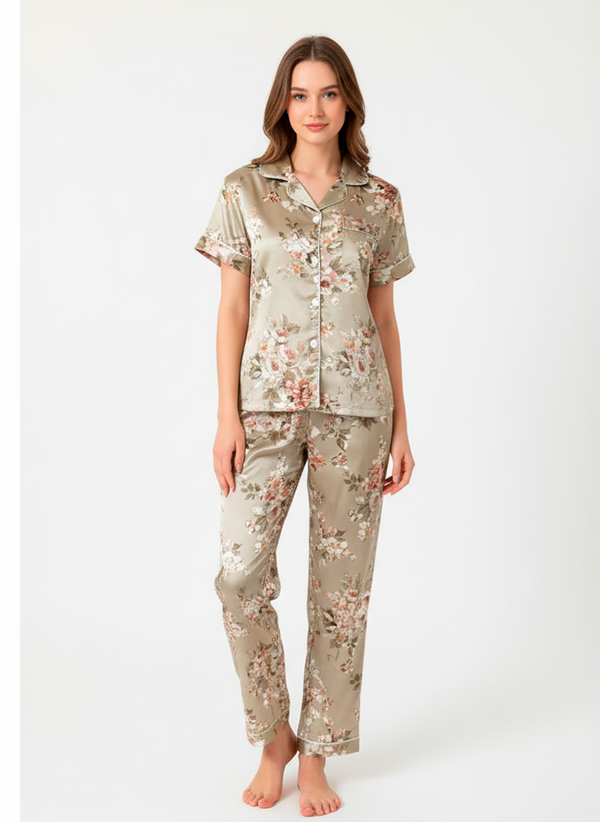 Champagne Floral Satin Pyjama Set