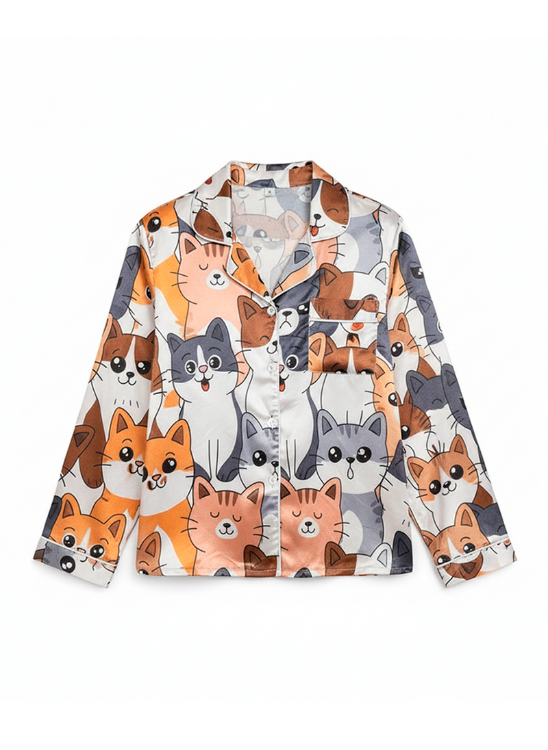 Women’s Satin Cozy Cat Pyjama Set