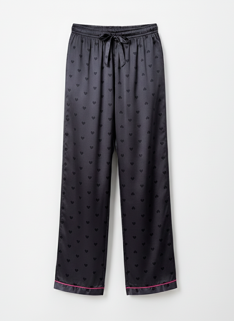 Black Satin Heart Pyjama Set with Pink Trim