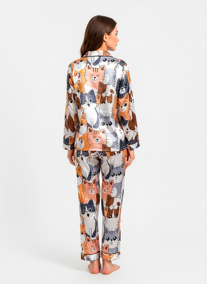 Women’s Satin Cozy Cat Pyjama Set