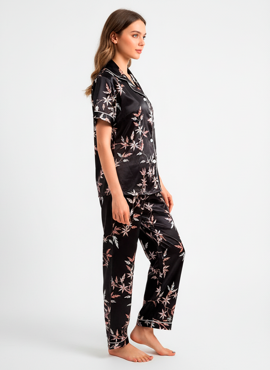 Midnight Leaf Satin Pyjama Set
