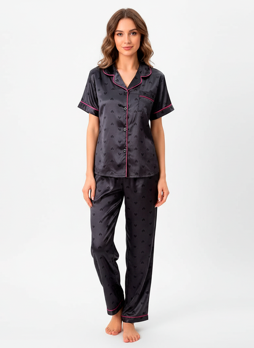 Black Satin Heart Pyjama Set with Pink Trim