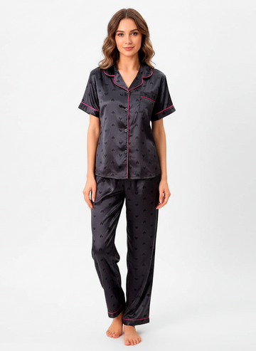 Black Satin Heart Pyjama Set with Pink Trim
