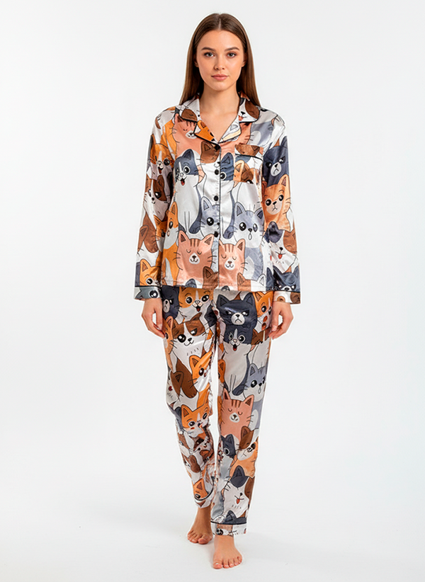 Women’s Satin Cozy Cat Pyjama Set