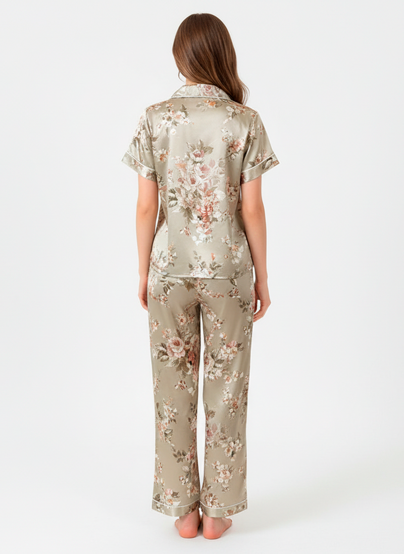 Champagne Floral Satin Pyjama Set