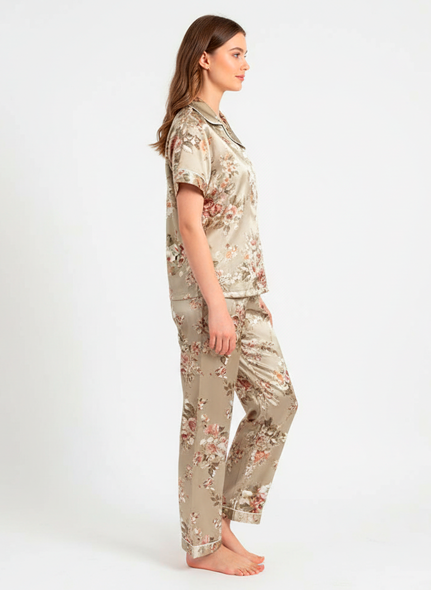 Champagne Floral Satin Pyjama Set