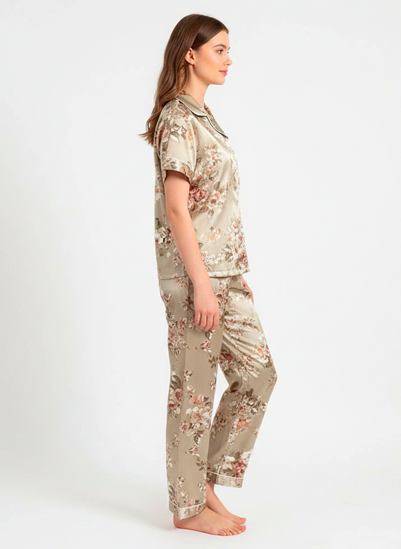 Champagne Floral Satin Pyjama Set