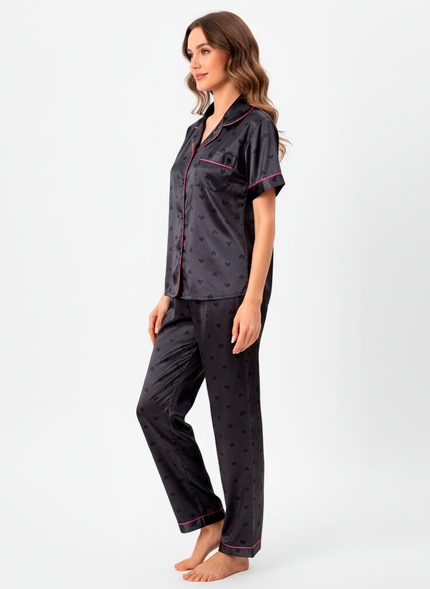 Black Satin Heart Pyjama Set with Pink Trim