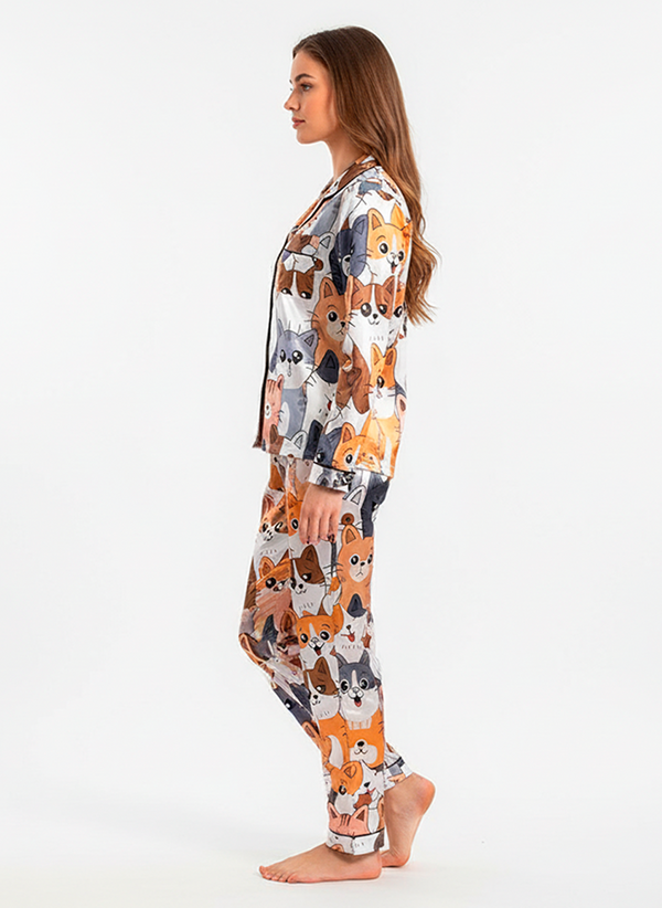 Women’s Satin Cozy Cat Pyjama Set