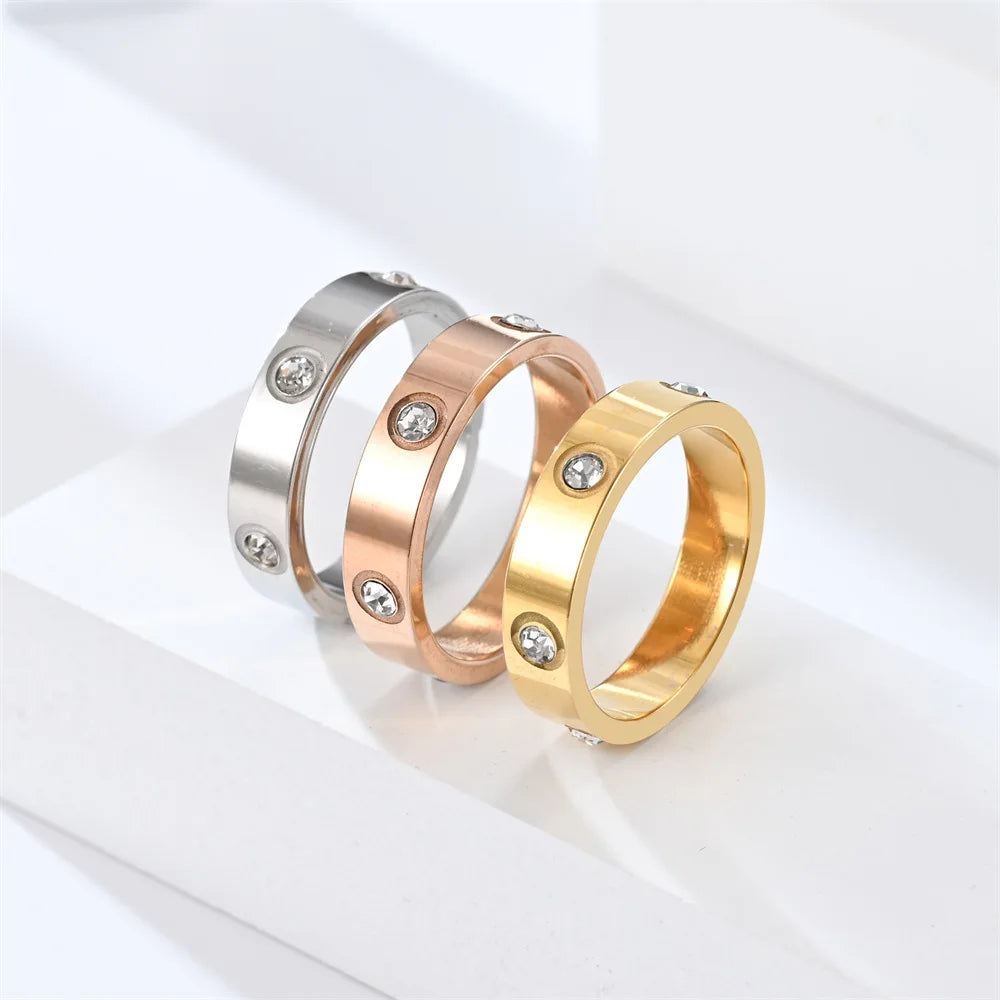 Trendy Stainless Steel Gold/Silver/Rose Gold Color Ring For Women Men Couple CZ Crystal Rings Luxury Jewelry Wedding Rings Gift
