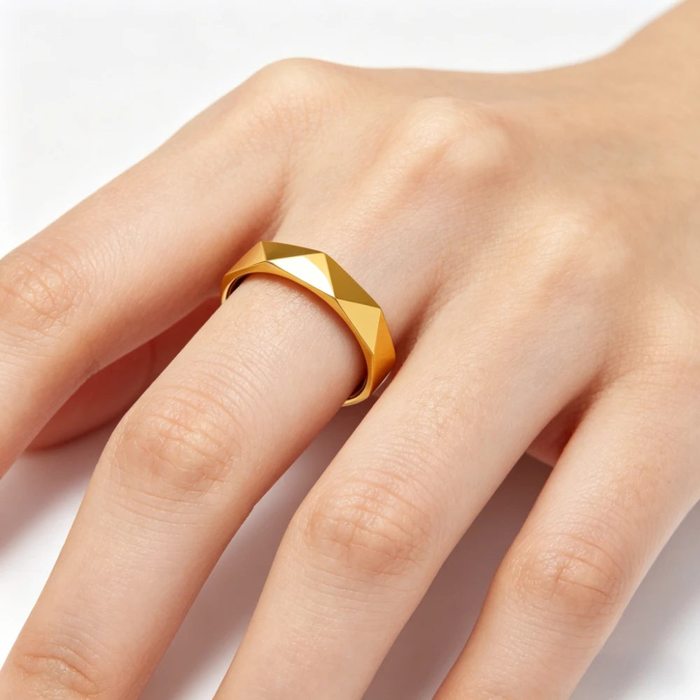 Women Stainless Steel Rhombus Ring V Grid Geometric Band Silver Rose Gold Gold Fashion Jewelry Gift