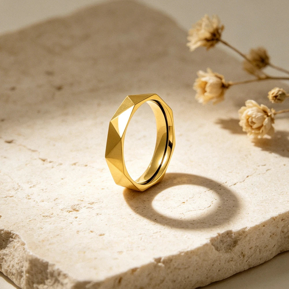 Women Stainless Steel Rhombus Ring V Grid Geometric Band Silver Rose Gold Gold Fashion Jewelry Gift