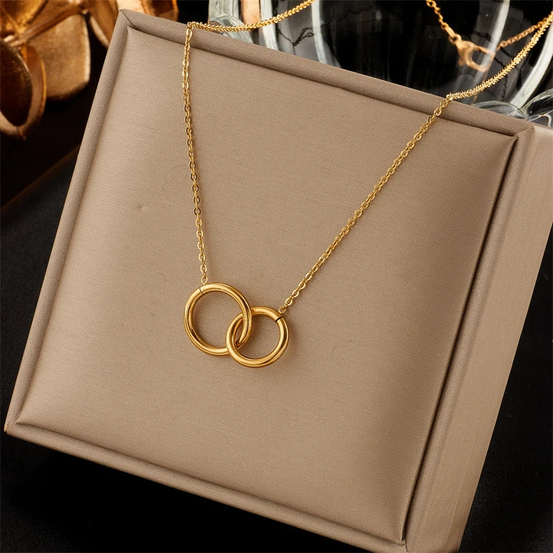 DIEYURO 316L Stainless Steel Double Ring Pendant Necklace For Women Fashion Gold Color Ladies Clavicle Chain Girls Body Jewelry