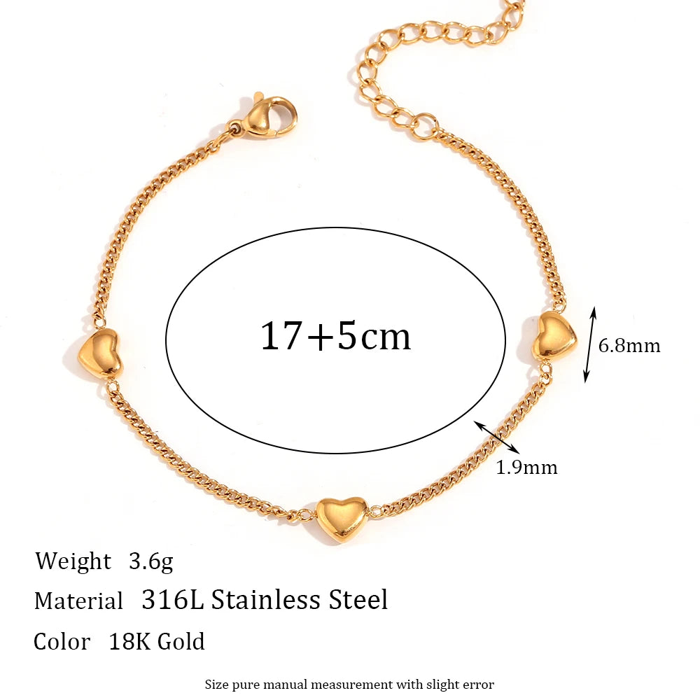 E.B.belle Heart Chain Bracelet Necklace Simple Stainless Steel Women's Hand Bracelets Sweet Style 18K Gold Plated Jewelry Set
