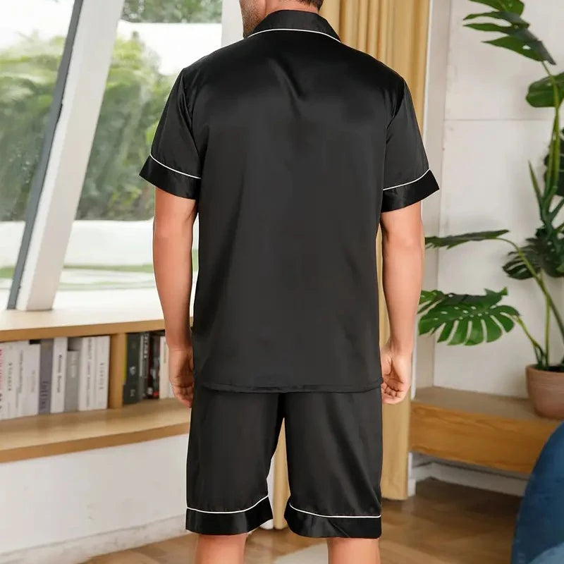 Men satin pajama summer casual comfort button pocket short sleeved shirt with shorts casual pajama  for men 2-piece pajama set