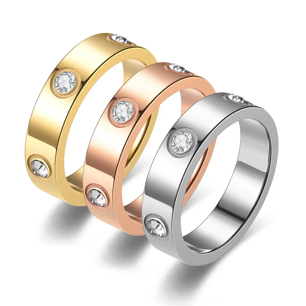 Trendy Stainless Steel Gold/Silver/Rose Gold Color Ring For Women Men Couple CZ Crystal Rings Luxury Jewelry Wedding Rings Gift