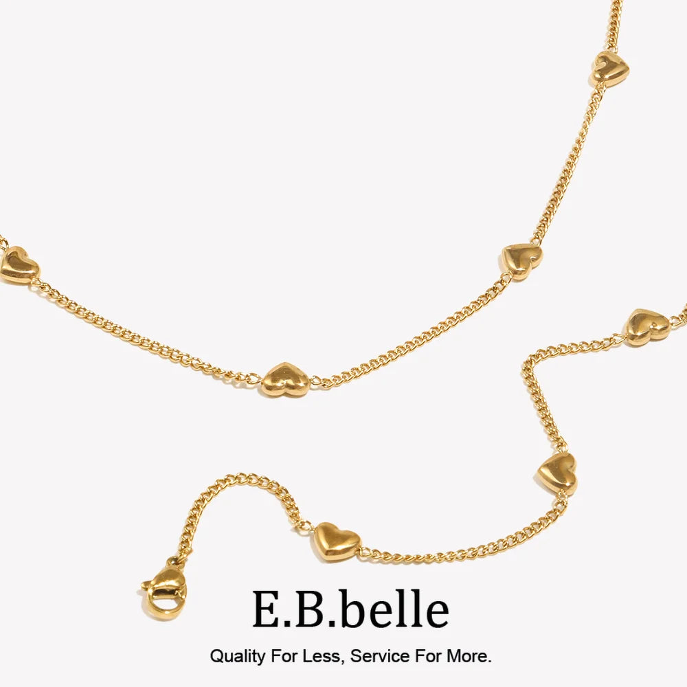 E.B.belle Heart Chain Bracelet Necklace Simple Stainless Steel Women's Hand Bracelets Sweet Style 18K Gold Plated Jewelry Set