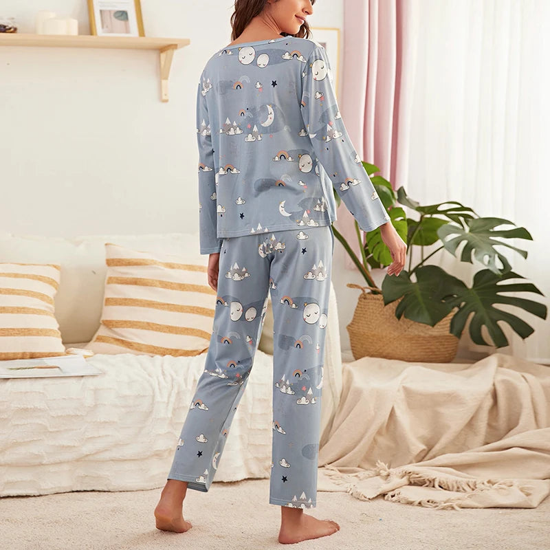 Women's Sky Print Satin Pyjama Set Short-Sleeve T-shirt And Elastic Pant Soft Touch Breathable Fabric Fit Sleepwear Loungewear