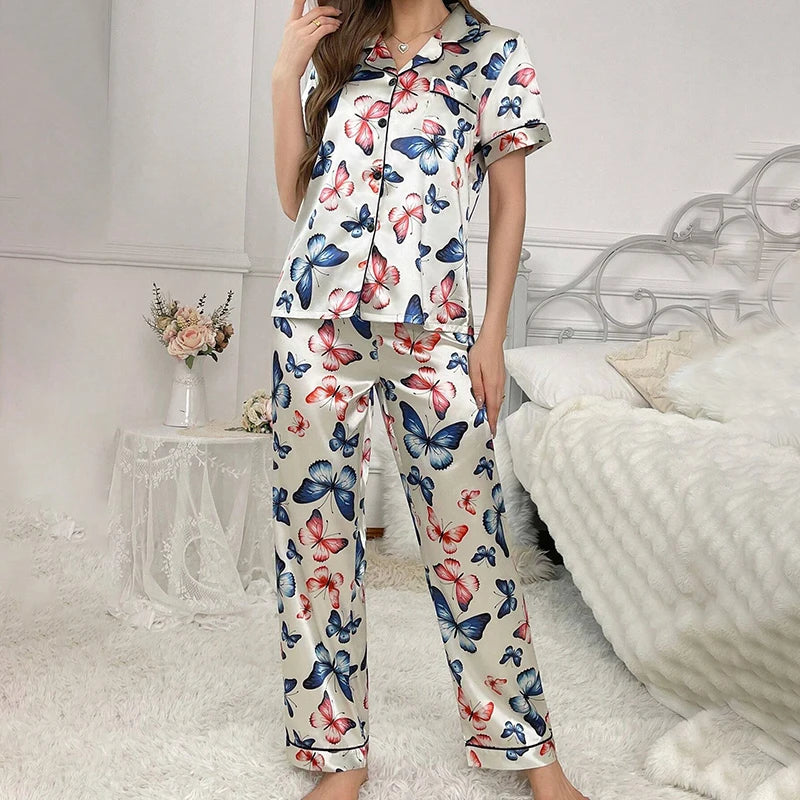 Women’s Satin Elegance Butterfly Pyjama Set - caro