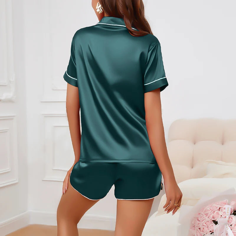 Women's Heart Print Pajama Set Soft Short Sleeve Button Top & Elastic Shorts Comfortable Sleepwear Loungewear for Romantic Style