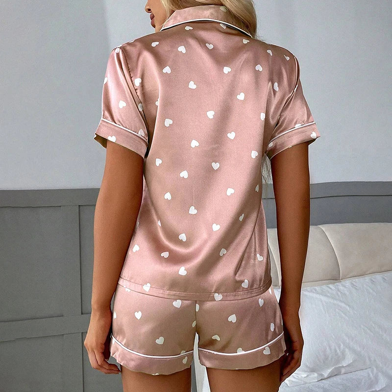 Women Pajamas Cute Cartoon Pattern Print Satin Pajama Set Summer Short Sleeve Buttons Lapel Top & Shorts Sleepwear For Halloween
