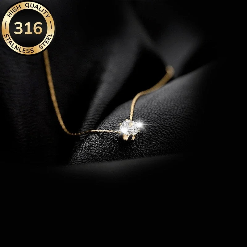Waterproof Hypoallergenic 316L Stainless Steel Solitaire Necklace Cubic Zirconia Chain Necklaces For Women Fashion Jewelry ﻿