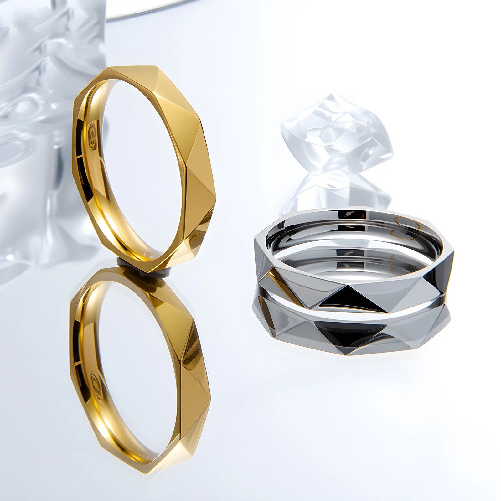 Women Stainless Steel Rhombus Ring V Grid Geometric Band Silver Rose Gold Gold Fashion Jewelry Gift