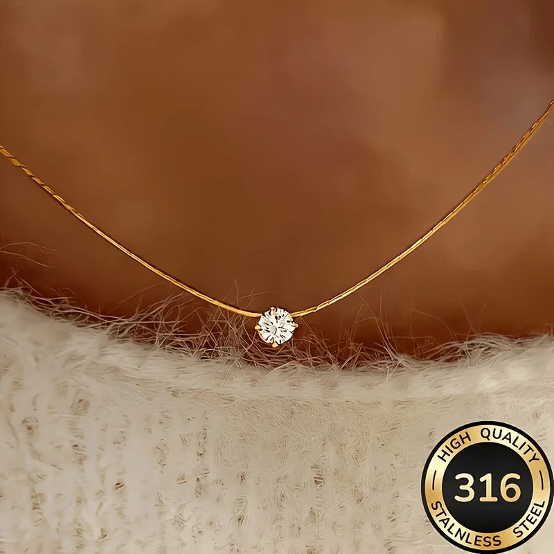 Waterproof Hypoallergenic 316L Stainless Steel Solitaire Necklace Cubic Zirconia Chain Necklaces For Women Fashion Jewelry ﻿