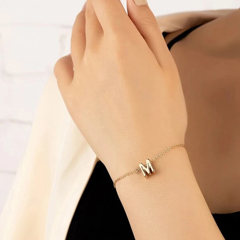 eManco DIY Capital Initial Letter Bracelet Stainless Steel Jewelry Simple Gold Plated Accessories Girl Valentine's Day Gift