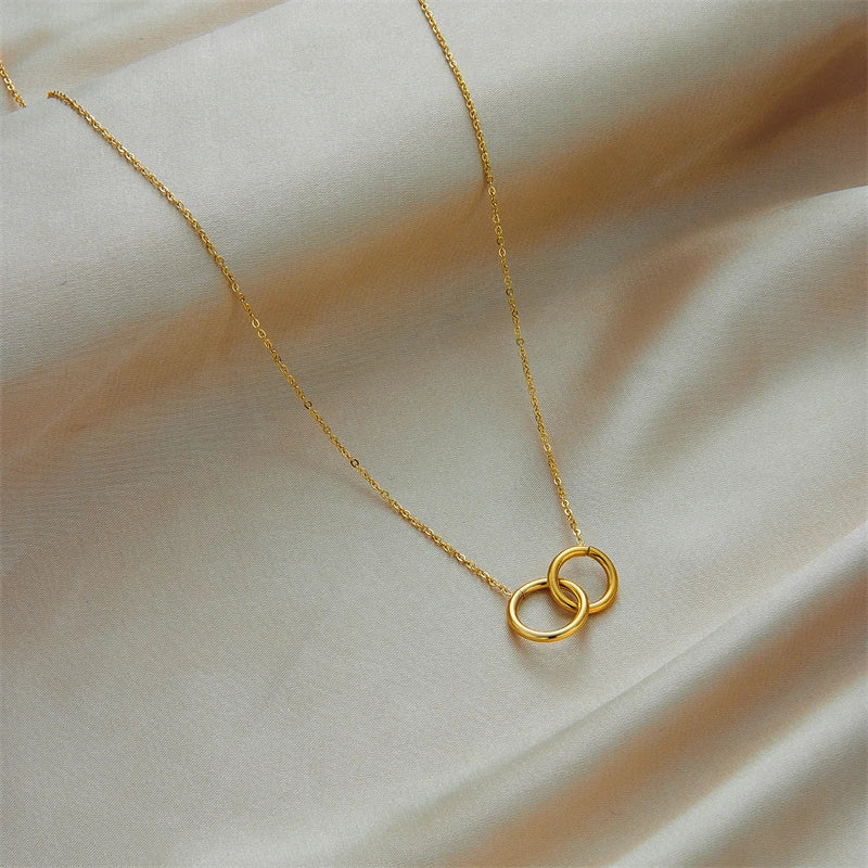 DIEYURO 316L Stainless Steel Double Ring Pendant Necklace For Women Fashion Gold Color Ladies Clavicle Chain Girls Body Jewelry