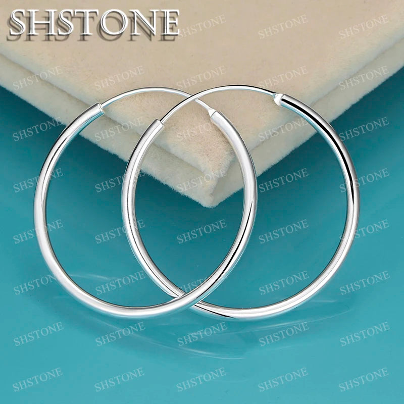 SHSTONE 18K Gold 35mm Smooth Earrings For Women Party Wedding Banquet Fashion Charm Jewelry 925 Sterling Silver Hoop Earring