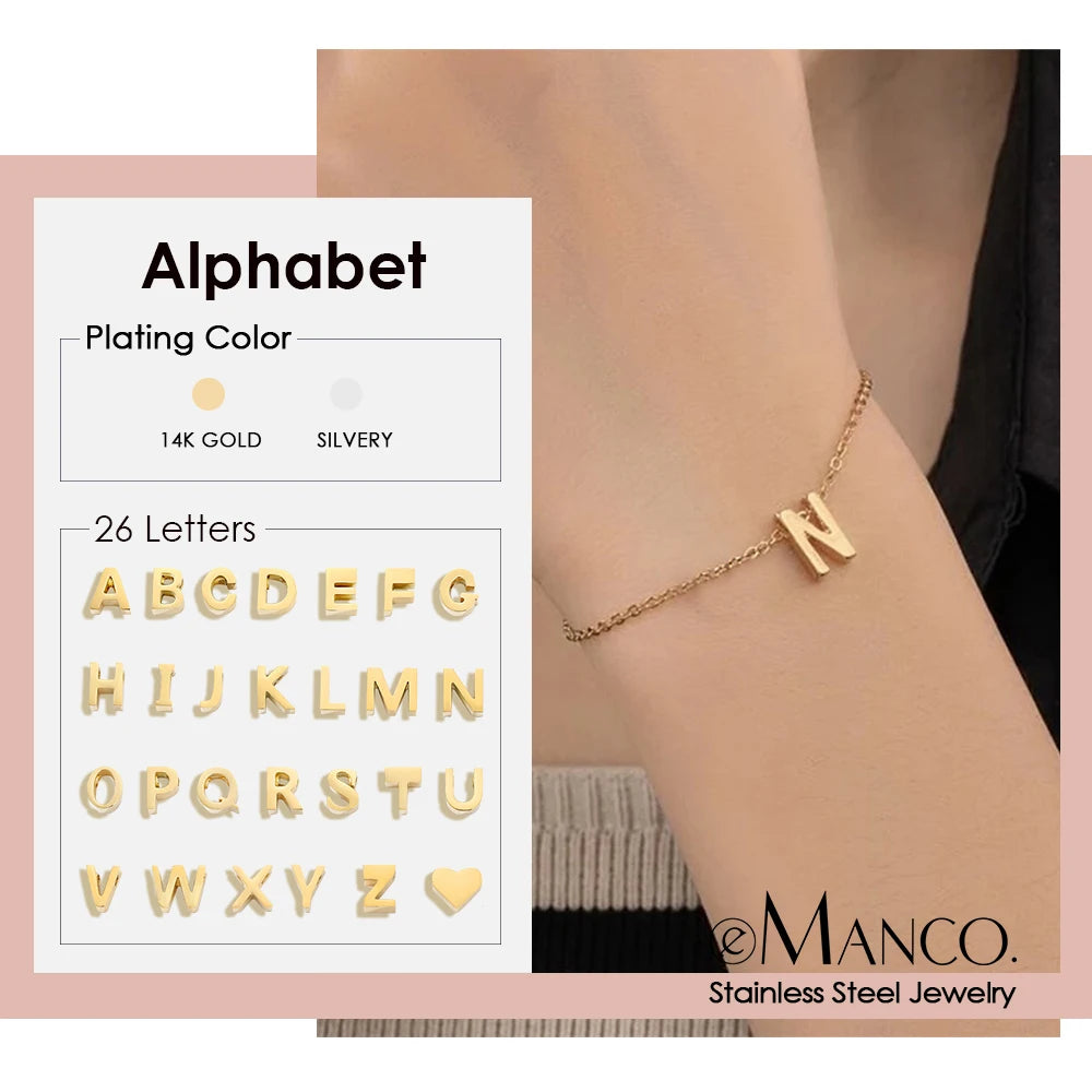 eManco DIY Capital Initial Letter Bracelet Stainless Steel Jewelry Simple Gold Plated Accessories Girl Valentine's Day Gift
