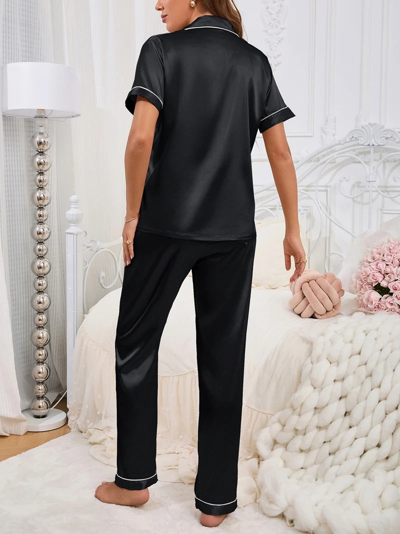 Women's Elegant Solid Color Pajama Set Short Sleeve Lapel Top And Soft Elastic Pant Comfortable Relaxed Fit Loungewear Sleepwear